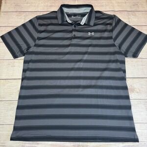 Under Armour Mens Black Polo Size XL Loose Fit Heatgear Striped‎ Performance